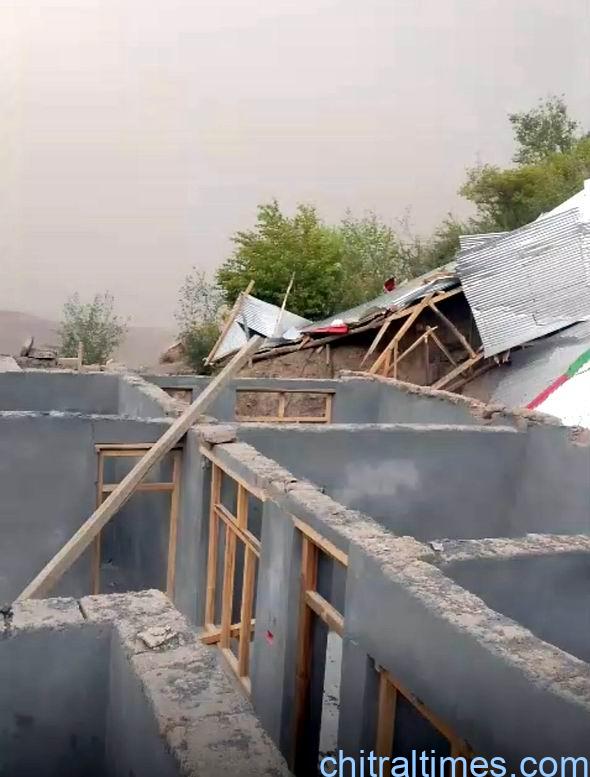 upper chitral strong winds and storms blow off roofs damage trees